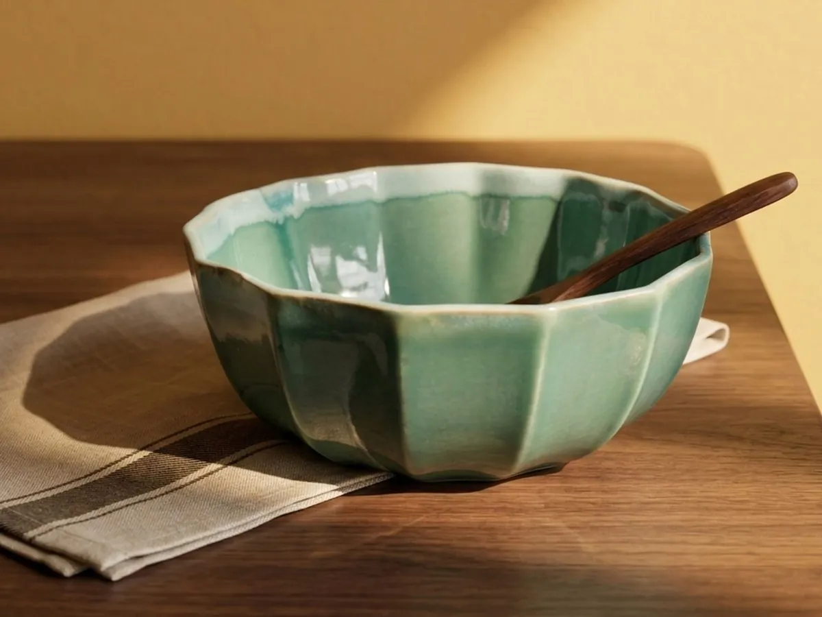 A handmade green ceramic bowl
